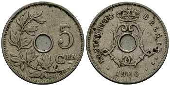 Бельгия 5 сантимов 1906 Belgie, Леопольд II (1865-1909) KM 55 медно-никель 4173-149