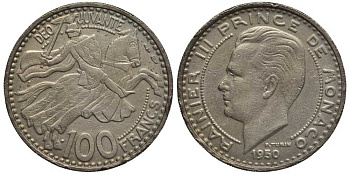 Монако 100 франков 1950 Ренье III (1949-2005) KM 133 медно-никель 114-516