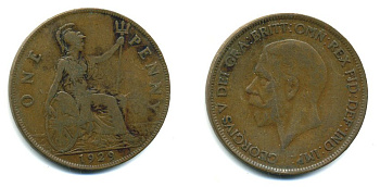 Великобритания 1 пенни 1929 Георг V (1910-1936) KM 838, Spink 4055 бронза 41-951