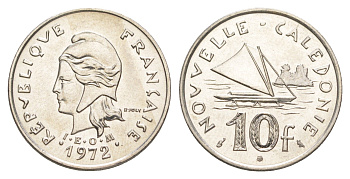 Французская Новая Каледония 10 франков 1972 лодка KM 11 никель UNC 4641-156