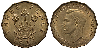 Великобритания 3 пенса 1937 Георг VI (1936-1952) KM 849, Spink 4112 никель латунь 4538-1114