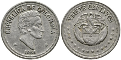 КОЛУМБИЯ 20 СЕНТАВО 1956 СИМОН БОЛИВАР KM 215.1 медно-никель 3336-612