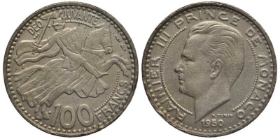 Монако 100 франков 1950 Ренье III (1949-2005) KM 133 медно-никель 114-516