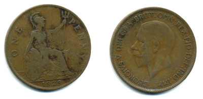 Великобритания 1 пенни 1929 Георг V (1910-1936) KM 838, Spink 4055 бронза 41-951