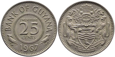 ГАЙАНА 25 ЦЕНТОВ 1967 РЕСПУБЛИКА KM 34 медно-никель 57-1267