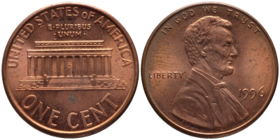 США 1 ЦЕНТ 1996 ЛИНКОЛЬН KM 201b цинк плакированный медью 66-1069