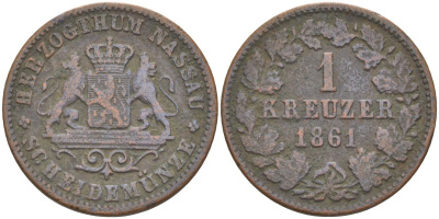 Нассау 1 крейцер 1861 KM 54, Kahnt/Sch?n 70, Jaeger 58, AKS 72 бронза 4388-425