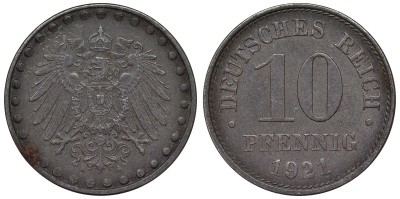 Германия 10 пфеннигов 1921 A KM 20, J. 298 железо 4119-133