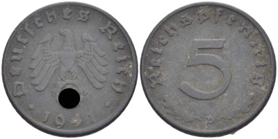 ГЕРМАНИЯ 5 РЕЙХСПФЕННИГОВ 1941 D KM 100, J. 370 цинк 105-251