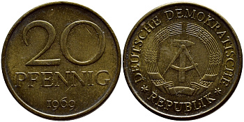 ГДР 20 пфеннигов 1969 А, первый год KM 11 латунь UNC 4398-743