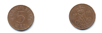 ДАНИЯ 5 ЭРЕ 1984 R; B, МАРГРЕТЕ II (1972-) KM 859.3 железо плакированное медью 23-655
