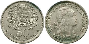 Португалия 50 сентаво 1951 KM 577 медно-никель 4388-641