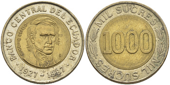 ЭКВАДОР 1000 СУКРЕ 1997 ЭУХЕНИО ЭСПЕХО, 70 ЛЕТ ЦЕНТРАЛЬНОМУ БАНКУ KM 103 биметалл 31-451