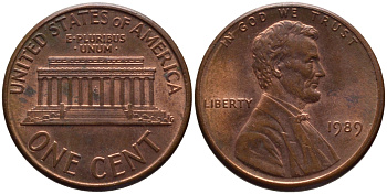 США 1 цент 1989 Линкольн KM 201b цинк плакированный медью 66-1034