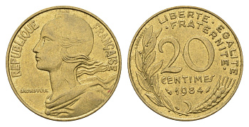 Франция 20 сантимов 1984 KM 930 алюминиевая бронза 202-441