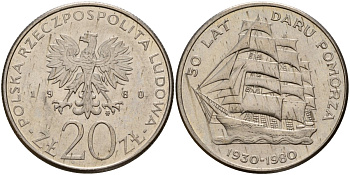 Польша 20 злотых 1980 MW, 50 лет фрегату «Дары Поморца» KM 112, Parchimowicz 253 медно-никель 4157-1016