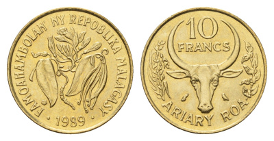 Мадагаскар 10 франков 1989 KM 11 алюминиевая бронза UNC 4588-1024