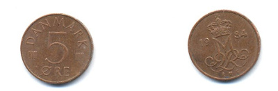 ДАНИЯ 5 ЭРЕ 1984 R; B, МАРГРЕТЕ II (1972-) KM 859.3 железо плакированное медью 23-655