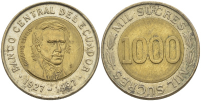 ЭКВАДОР 1000 СУКРЕ 1997 ЭУХЕНИО ЭСПЕХО, 70 ЛЕТ ЦЕНТРАЛЬНОМУ БАНКУ KM 103 биметалл 31-451