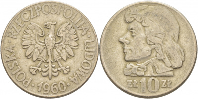 ПОЛЬША 10 ЗЛОТЫХ 1960 КОСТЮШКО KM 50 медно-никель 4403-535