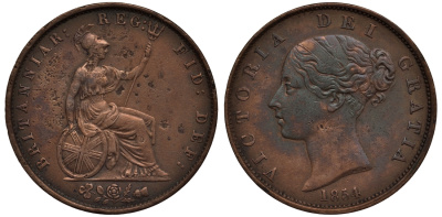 Великобритания 1/2 пенни 1854 Виктория (1837-1901) KM 726, Spink 3949 медь 4111-515