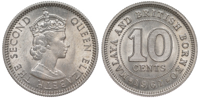 Малайя и Британское Борнео 10 центов 1961 Елизавета II (1952-2022) KM 2 медно-никель UNC 3334-1147