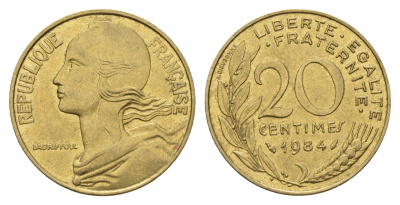 Франция 20 сантимов 1984 KM 930 алюминиевая бронза 202-441