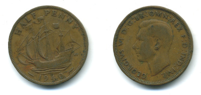 Великобритания 1/2 пенни 1940 Георг VI (1936-1952) KM 844, Spink 4115 бронза 4383-244