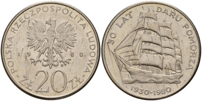 Польша 20 злотых 1980 MW, 50 лет фрегату «Дары Поморца» KM 112, Parchimowicz 253 медно-никель 4157-1016