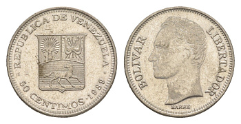 Венесуэла 50 сентимо 1989 Симон Боливар Y 41a сталь плакированная никелем 4584-412