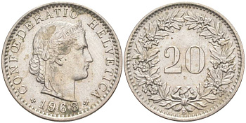 Швейцария 20 раппенов 1968 В KM 29a медно-никель 55-855