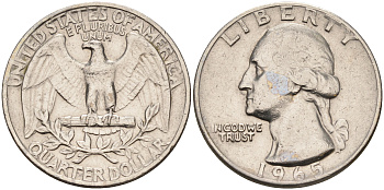 США 25 центов (квотер) 1965 Вашингтон KM 164а медь плакированная медно-никелем    4595-715