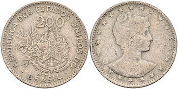 Бразилия 200 рейс 1901 голова свободы вправо KM 504 медно-никель 4589-1046