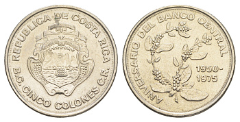Коста-Рика 5 колонов 1975 25 лет Центральному Банку KM 203 никель UNC 4642-1014