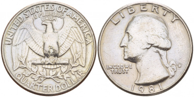 США 25 ЦЕНТОВ = КВОТЕР 1981 D, ВАШИНГТОН KM А164а медь плакированная медно-никелем 4546-525