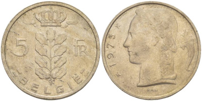 БЕЛЬГИЯ 5 ФРАНКОВ 1973 BELGIE, БОДУЭН I (1951-1993) KM 135.1 медно-никель 4546-312