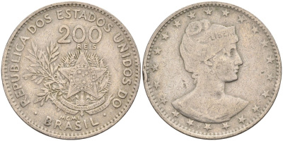Бразилия 200 рейс 1901 голова свободы вправо KM 504 медно-никель 4589-1046