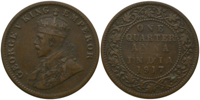 Индия 1/4 анны 1917 Георг V (1910-1936) KM 512 бронза 4571-437