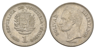 Венесуэла 1 боливар 1989 Симон Боливар, тонкий шрифт Y 52a.1 сталь плакированная никелем 4591-323