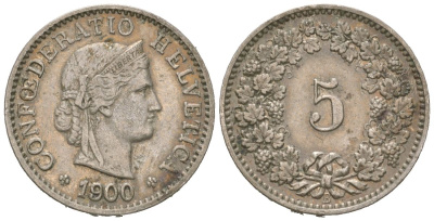 Швейцария 5 раппенов 1900 B KM 26 медно-никель 4158-1144