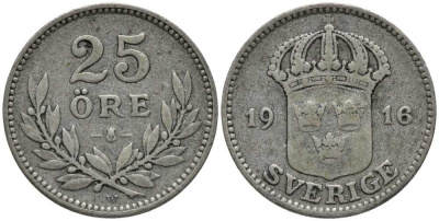 Швеция 25 эре 1916 W, Густав V (1907-1950) КМ 785 серебро 201-1048