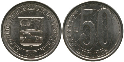 Венесуэла 50 сентимо 2007 KM 92, Schon 105 сталь плакированная никелем 4529-123