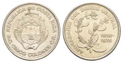 Коста-Рика 5 колонов 1975 25 лет Центральному Банку KM 203 никель UNC 4642-1014