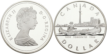Канада 1 доллар 1984 150 лет Торонто, каноэ KM 140 серебро PROOF 1095-4-44