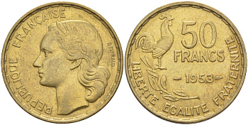Франция 50 франков 1953 петух KM 918.1, Le Frank 425.10 алюминиевая бронза 3855-1131