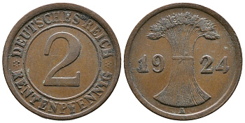 ГЕРМАНИЯ 2 РЕНТЕНПФЕННИГА 1924 A KM 31, J.307 бронза 73-1324