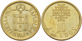 ПОРТУГАЛИЯ 10 ЭСКУДО 1987 KM 633 никель латунь 4523-536