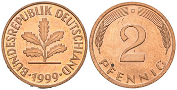 Германия 2 пфеннига 1999 D KM 106a сталь плакированная медью PROOF 4617-951