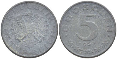 АВСТРИЯ 5 ГРОШЕЙ 1957 KM 2875 цинк 75-541