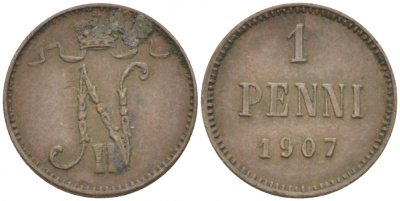 РОССИЯ ДЛЯ ФИНЛЯНДИИ 1 ПЕННИ 1907 НИКОЛАЙ II KM 13, Биткин 468 медь 4396-1327